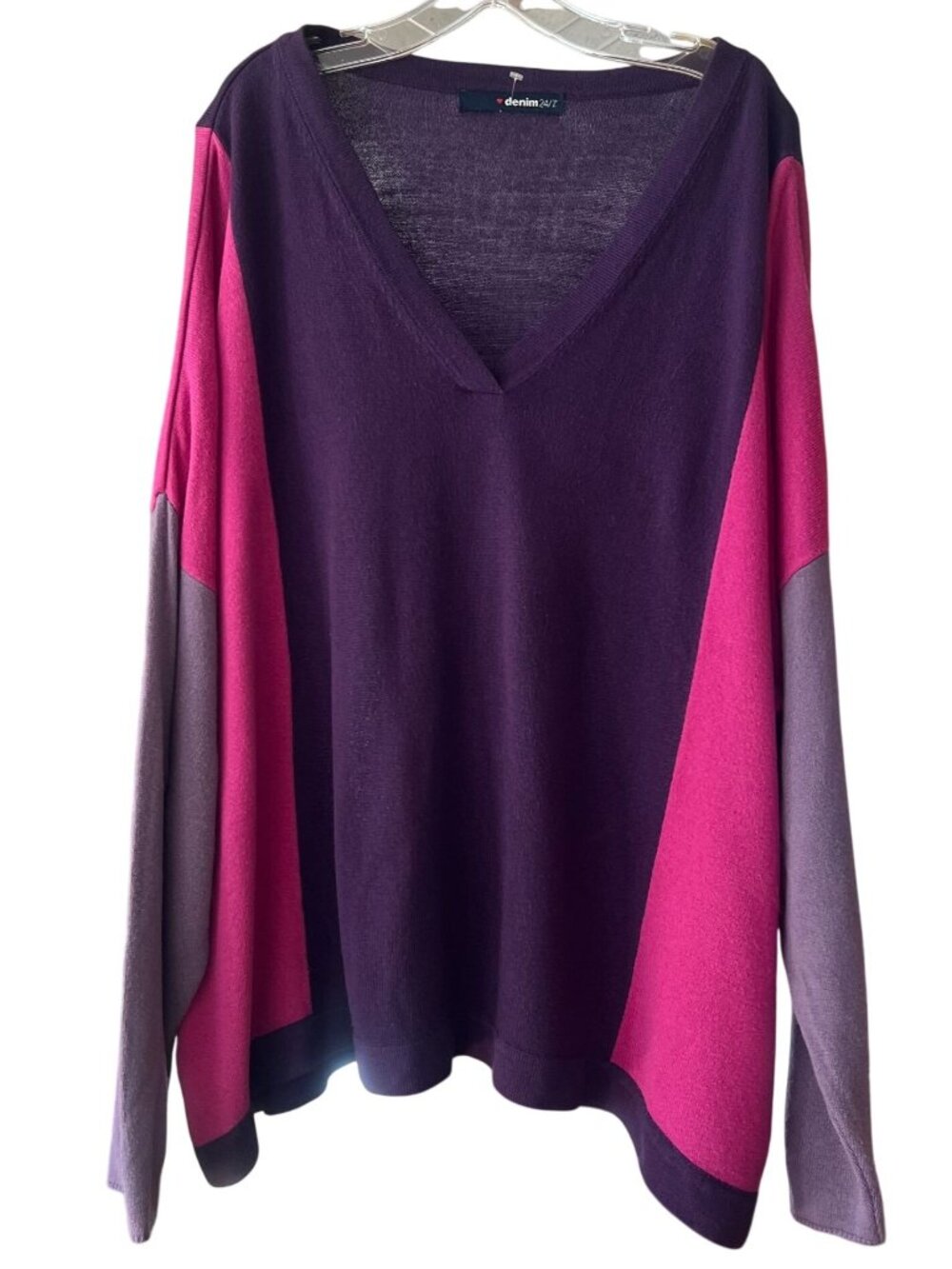 Oversize Colorblock V-Neck Sweater Long Sleeve PUR PNK LVNDR Lightweight Size 3X